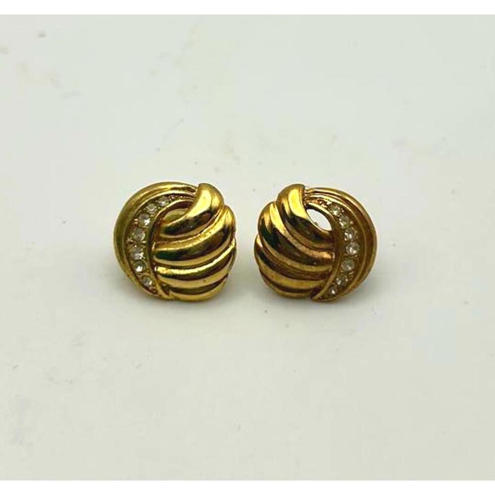 Vintage Gold Tone Button Earrings – Swirl w Channel Set Rhinestones 80s Jewelry
